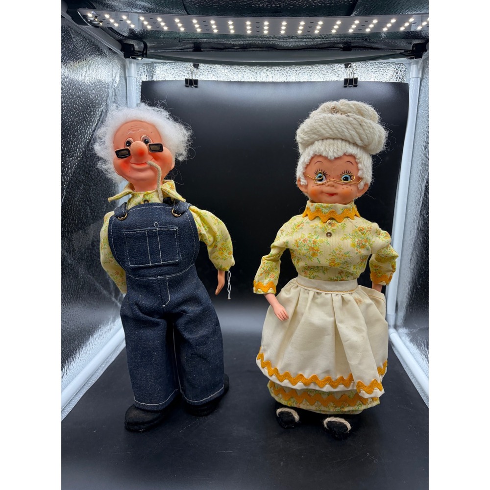 Vintage Grandma and Grandpa Doll Set Denim Overalls Floral Dress Folk Art 12in